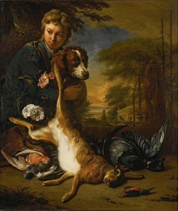 一个男孩和一只狗在公园里玩着游戏的静物画