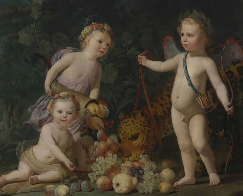 三个孩子带着水果和一只美洲虎