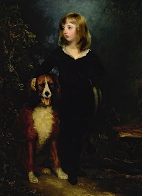 一个男孩的画像，全长，和他的狗站在一起，据说是阿比斯诺大师