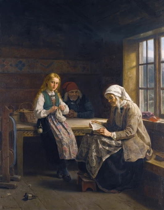 Adolph Tidemand - A Hardanger Interior, Young Girl Knitting