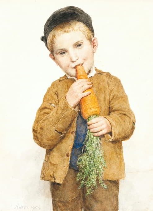 拿着大胡萝卜的小男孩