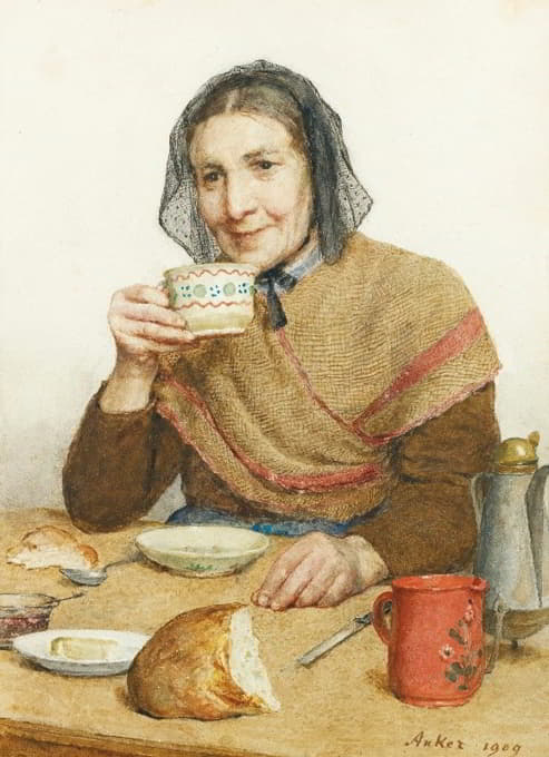 Albert Anker - Sitting Peasant Woman Holding A Cup In Her Hand