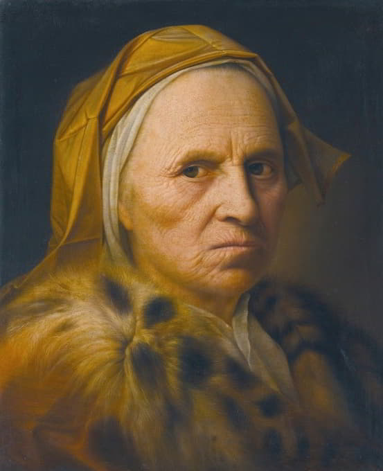 Balthasar Denner - Portrait Of An Old Lady Wearing A Fur Trimmed Coat