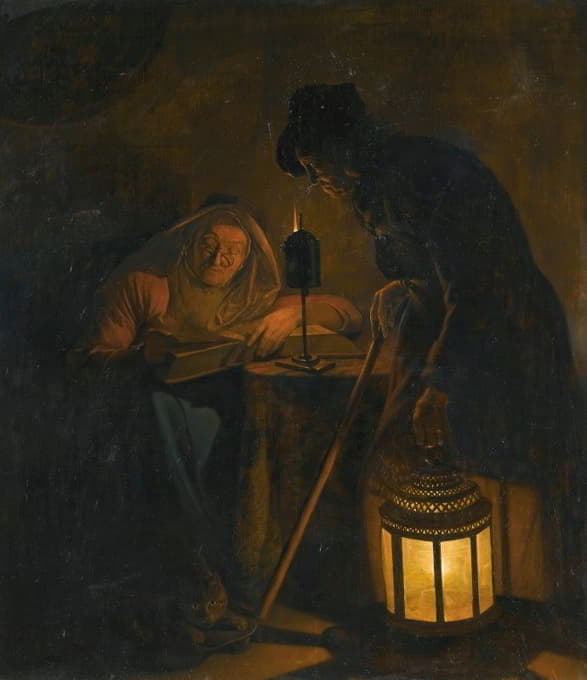 室内有一位老妇人在烛光下看书，一位男子拿着灯笼
