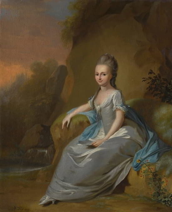 伊丽莎白·冯·布雷滕巴赫（elisabeth von breitenbach）的肖像，身穿蓝色连衣裙，坐在风景中