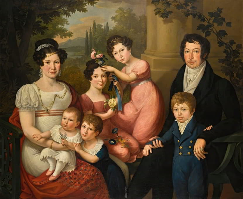家庭肖像，据信是Borbone Spagna家族；玛丽亚·伊莎贝拉和她的丈夫弗朗西斯一世，两个西西里人，以及他们的孩子