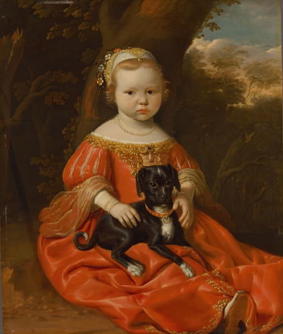 风景画中穿着红色连衣裙的年轻女孩和她的狗的肖像