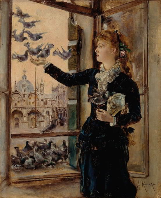 一个女孩站在马库斯广场的窗户边喂鸽子