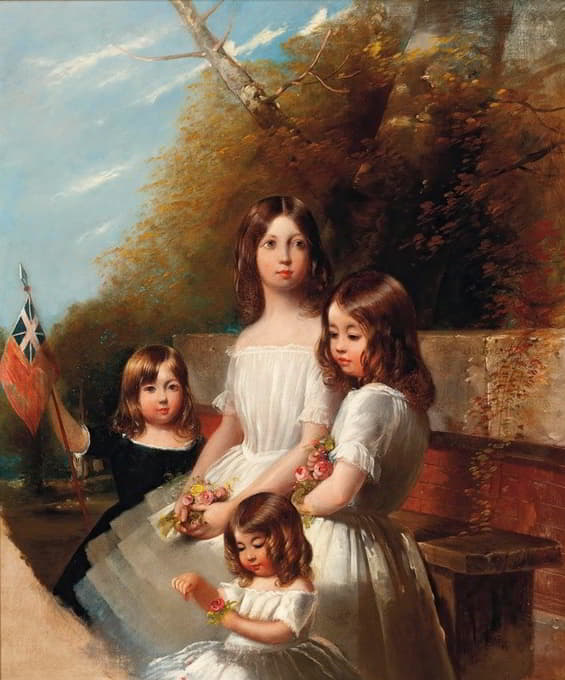 风景画中四个孩子的集体肖像