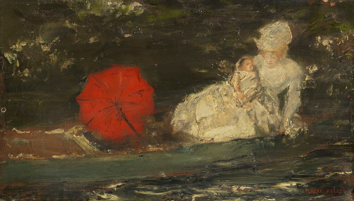 带着红伞的妇女和儿童在户外