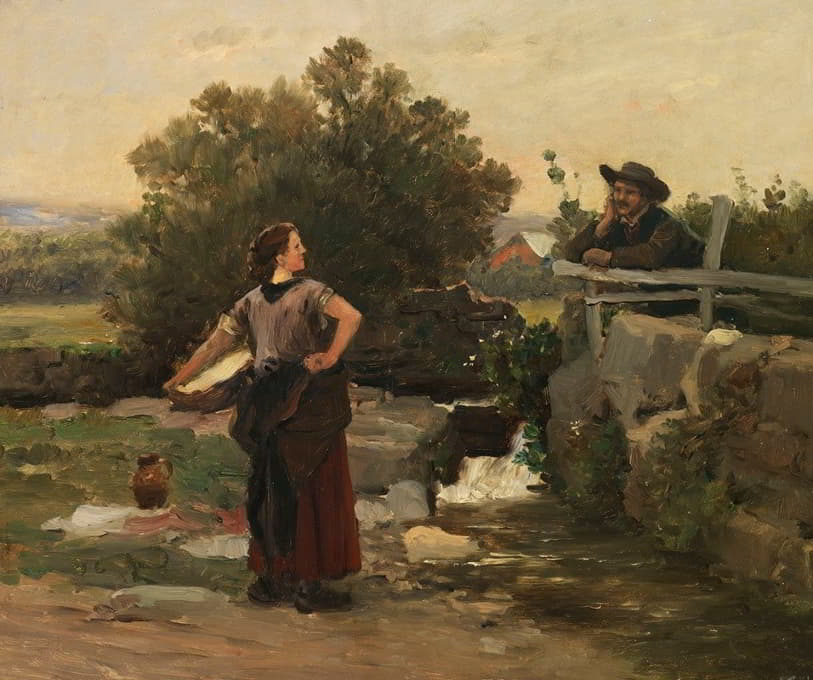 Václav Brožík - Washerwoman and boy talking on the creek bank