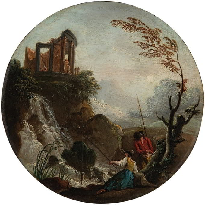 Charles-François Grenier De Lacroix - A couple fishing at the base of a waterfall, with ruins above