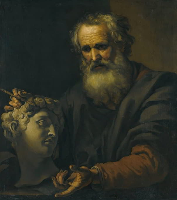 Johann Carl Loth - A Philosopher Deep In Thought Holding A Sculpted Head
