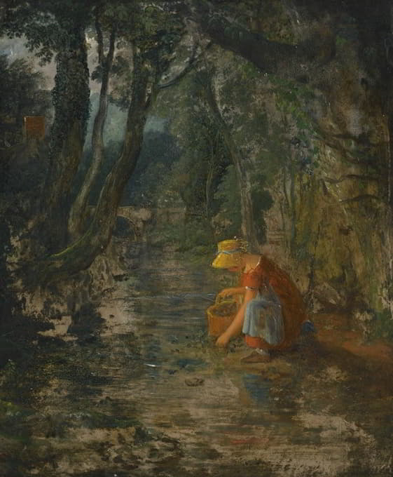 一个女孩在树林中的小溪边采集浆果