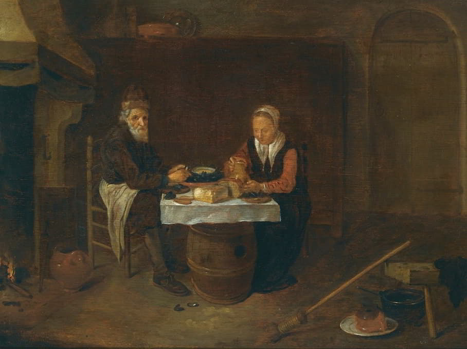 一对年老的夫妇坐在一张桌子旁，吃着贻贝和面包