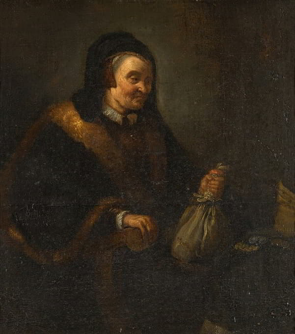 Follower of Rembrandt Harmensz. van Rijn - An old woman with a purse and coins at a table; Allegory of Avarice