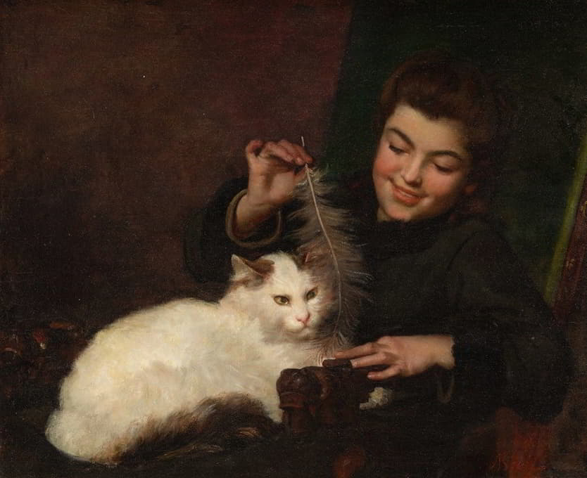 一个带着猫的女孩的画像