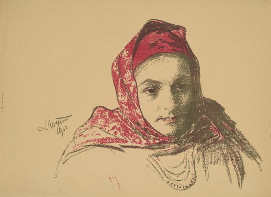 Leon Wyczółkowski - Head of a girl from Cracow in a red scarf