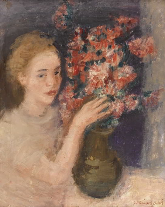 Joachim Weingart - Girl At A Table With Flowers