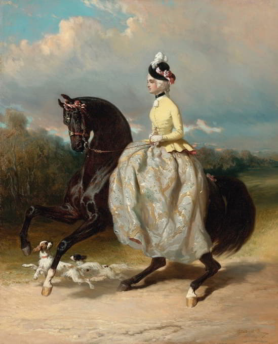 穿西装的女人玛丽·安托瓦内特骑着一匹摇摇晃晃的马