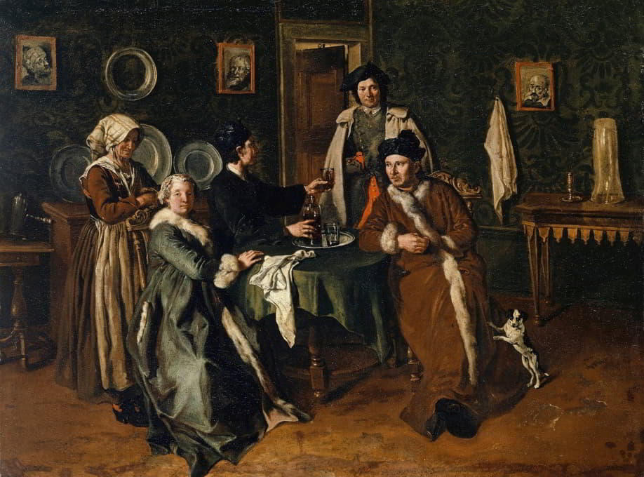 一家人围着桌子的肖像