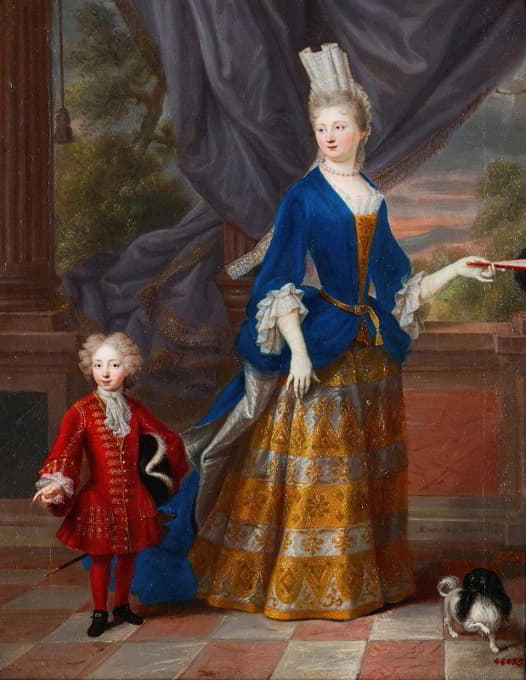 一位25岁的优雅女士、一个小男孩和一只猎犬的肖像