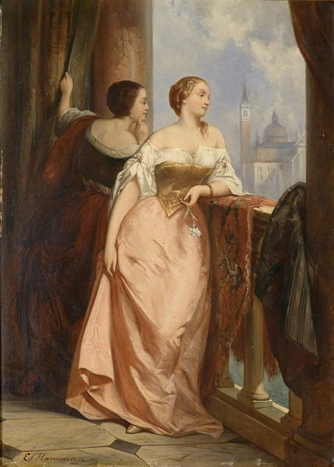 两位女士在阳台上，背景是威尼斯圣乔治·马焦雷