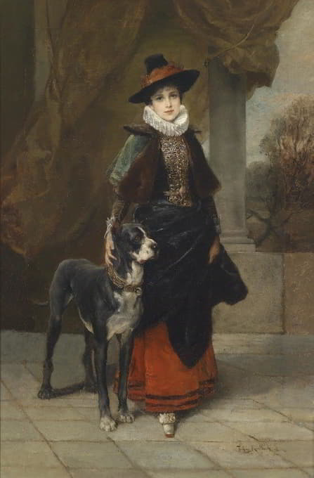 Friedrich August von Kaulbach - Bildnis einer Dame im historisierenden Kostüm mit Dogge