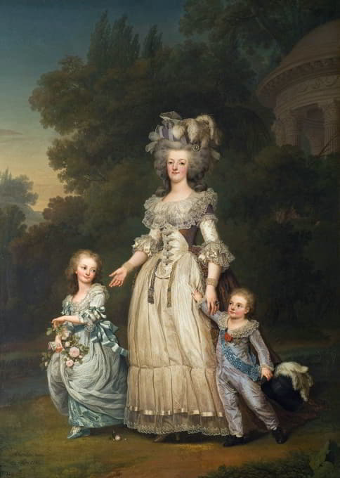 法国玛丽·安托瓦内特女王和她的两个孩子在特里亚农公园散步