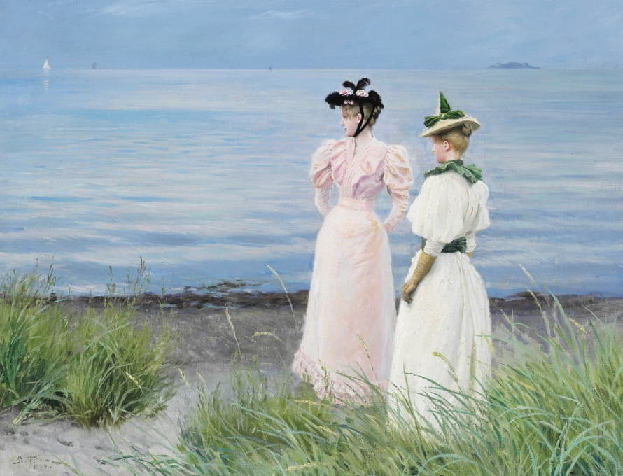 在海勒鲁普的海滩，伊丽莎白-费舍尔小姐和安娜-宝琳-布鲁恩小姐在海勒鲁普海滩的夏日里