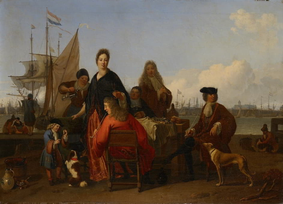 1702年，阿姆斯特丹卢多夫·巴霍伊森，巴霍伊森和德霍伊一家在Y街的莫斯泰格（贻贝码头）用餐