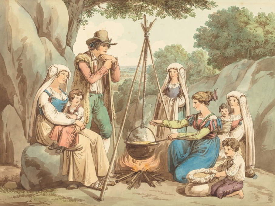 一个农民家庭在篝火上做饭