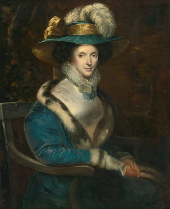一位身穿带有貂皮镶边的蓝色天鹅绒夹克的妇女的肖像