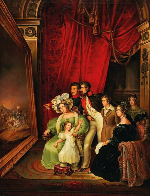 1835年，巴伐利亚国王路德维希一世及其家人共同检查彼得·冯·赫斯的画作《希腊国王奥托进入纳夫利奥》