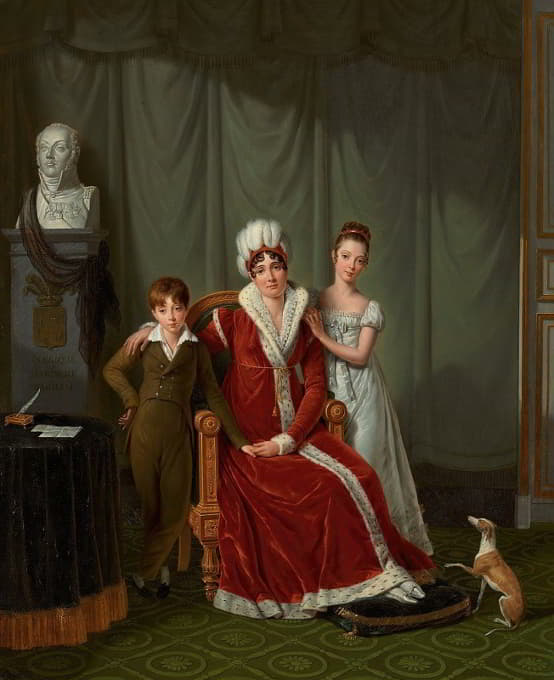波特将军的妻子和两个孩子的肖像，后面有一尊将军的半身像