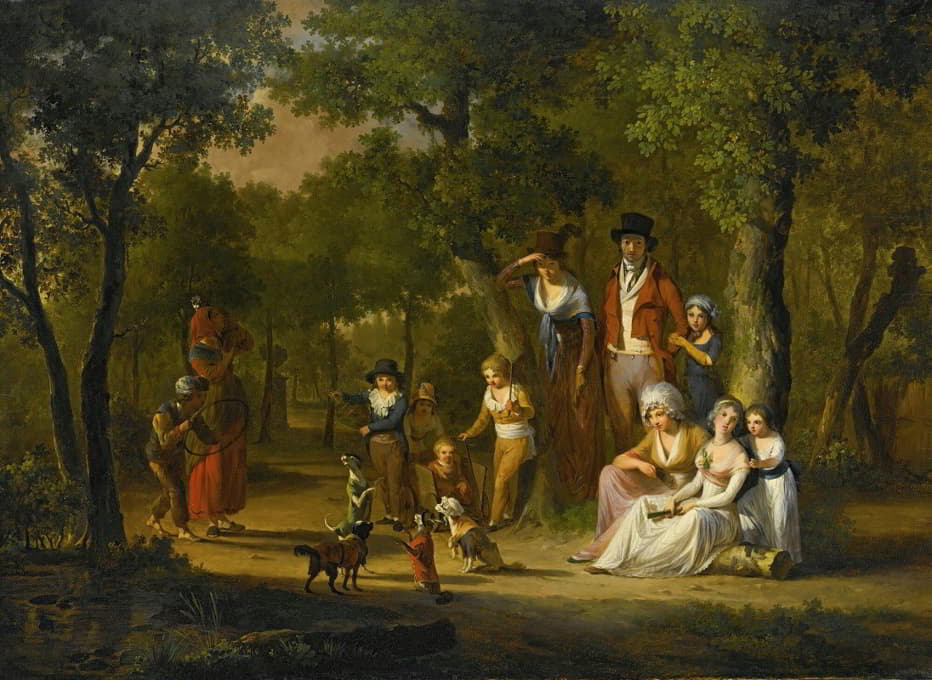 森林景观中一家人的肖像，吉普赛人和跳舞的狗