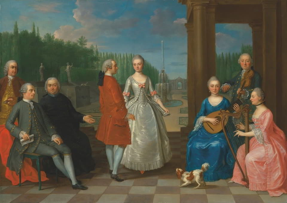 Jacques Jean Cremers（1736年-1803年后）和妻子的肖像，在花园阳台上跳舞，周围是家庭其他成员，演奏着音乐