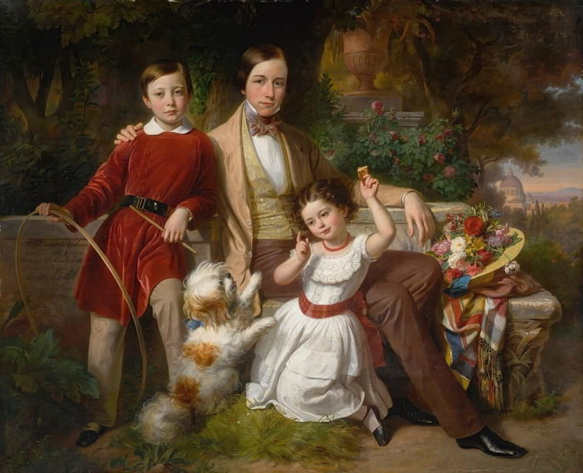 瓦尔蒙通王子与唐娜·格温达琳娜·多丽娅·潘菲利和伯特伦·塔尔博特在别墅花园里