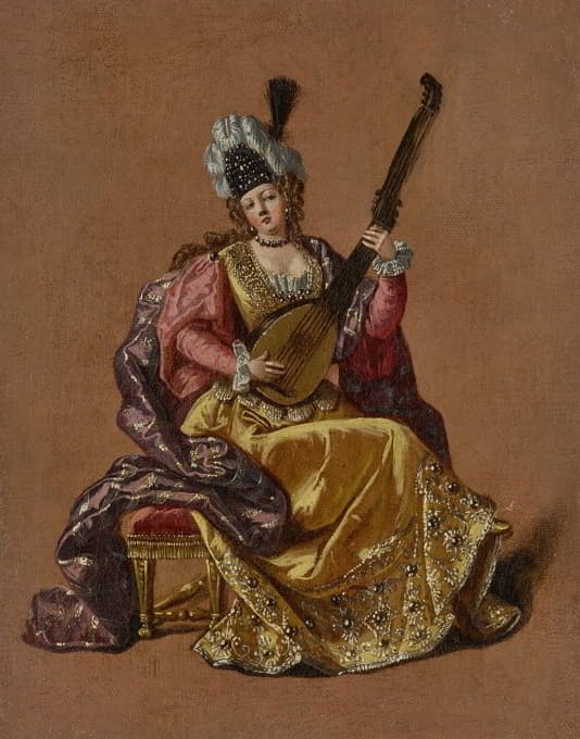 Jean Baptiste Vanmour - Lady playing an archlute