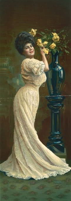 穿着蕾丝连衣裙的女人在花瓶里插黄玫瑰