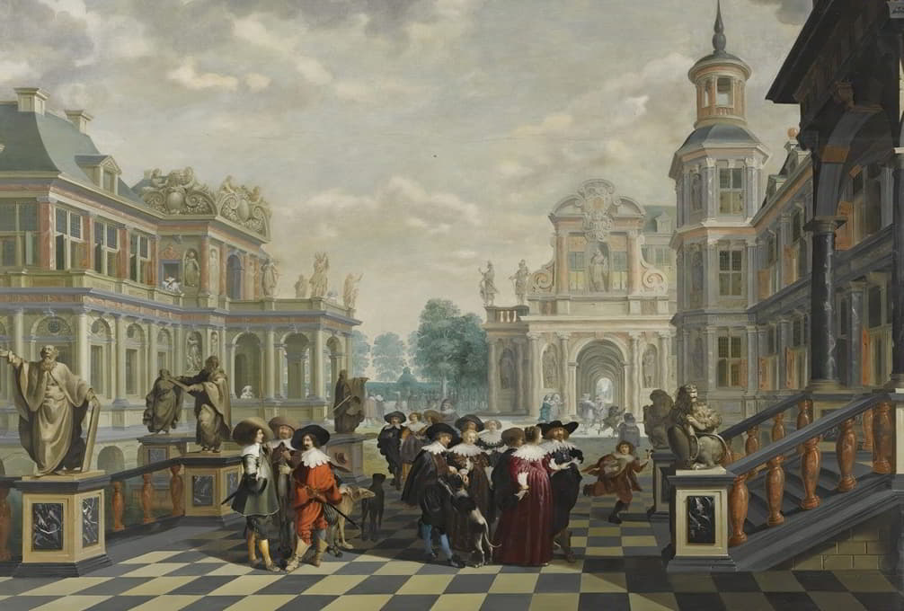 Dirck Van Delen - An Elaborate Palace Courtyard With Elegant Company Proceeding Towards A Great Staircase
