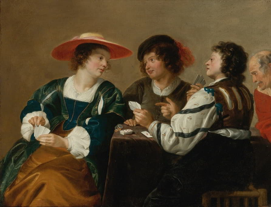 一个女人和三个男人围坐在桌子旁打牌