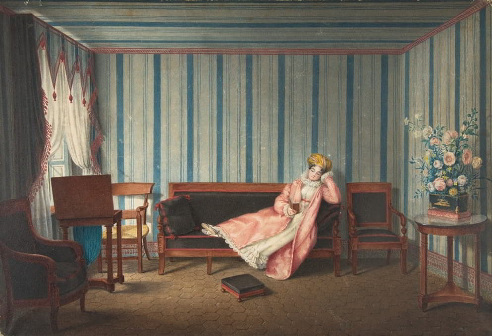 Theodore Lebrun - Woman in Pink Reclining on a Canape
