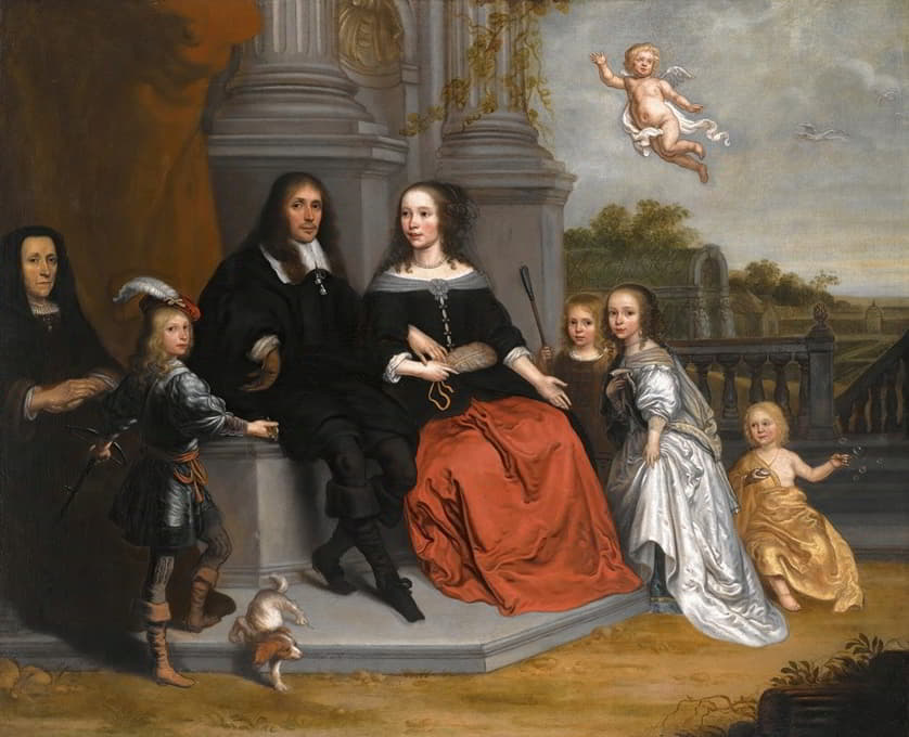 一个家庭的肖像，在一个正式的花园里，丈夫和妻子坐在两个有凹槽的柱子下面