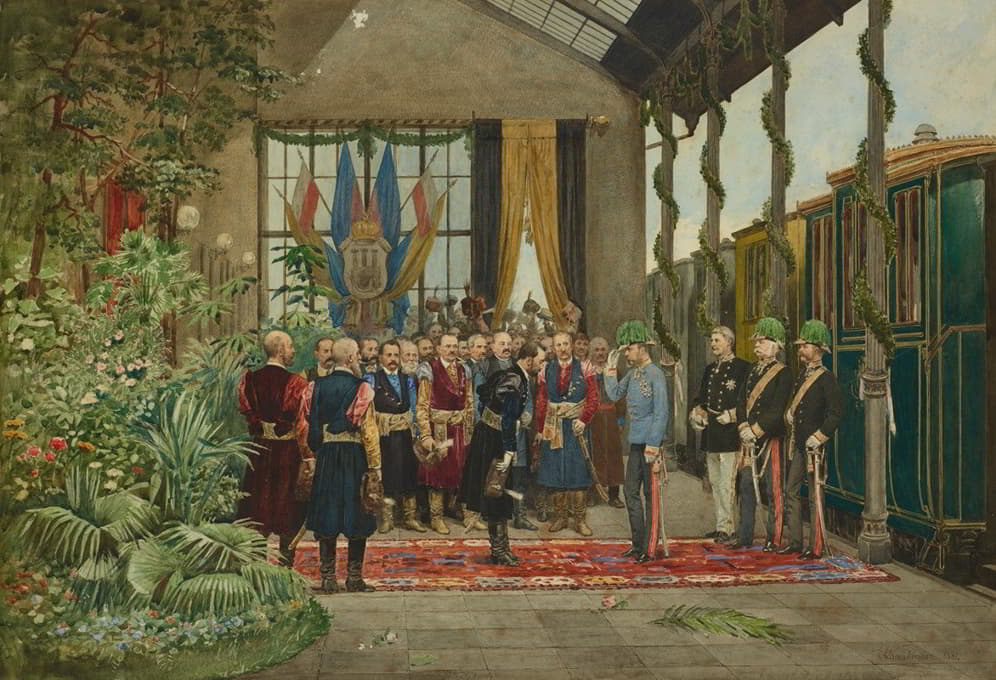 1880年9月，弗朗茨·约瑟夫一世（Franz Joseph I）皇帝视察加利西亚（Galicia）时的“皇帝在利沃夫火车站欢迎”
