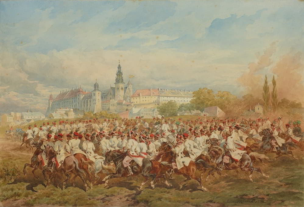 克拉科夫骑兵仪仗队陪同皇帝骑行穿过博尼亚草地
