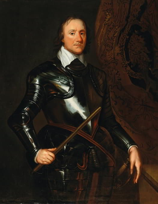 Workshop of Robert Walker - Portrait of Oliver Cromwell, in armour, holding a baton