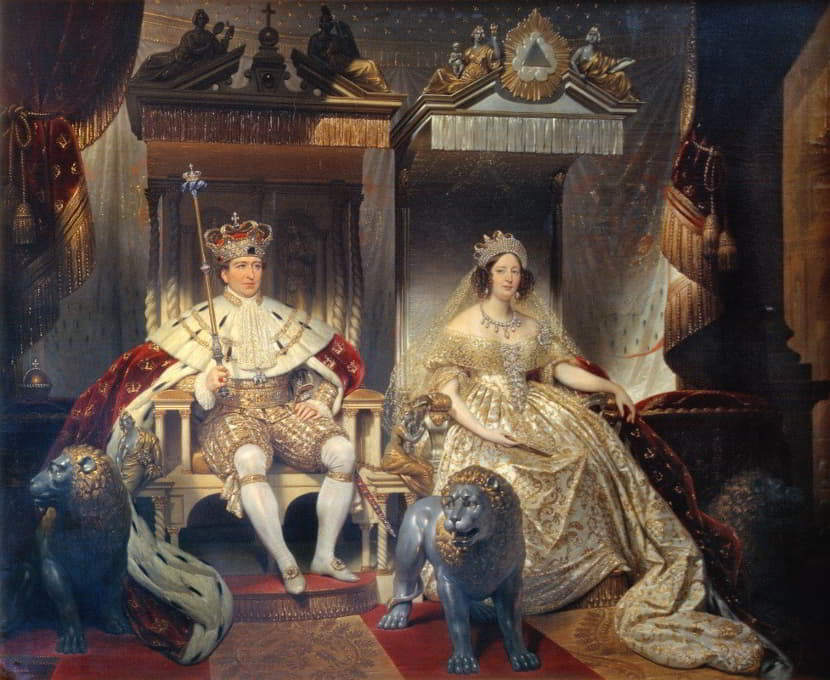 穿着加冕礼长袍的基督教八世（1786-1848）和卡洛琳·阿玛利王后（1796-1881）