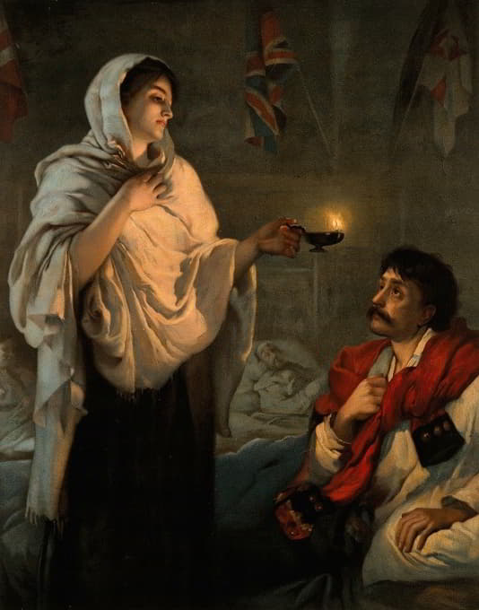 弗洛伦斯·南丁格尔把灯放在病人床边。