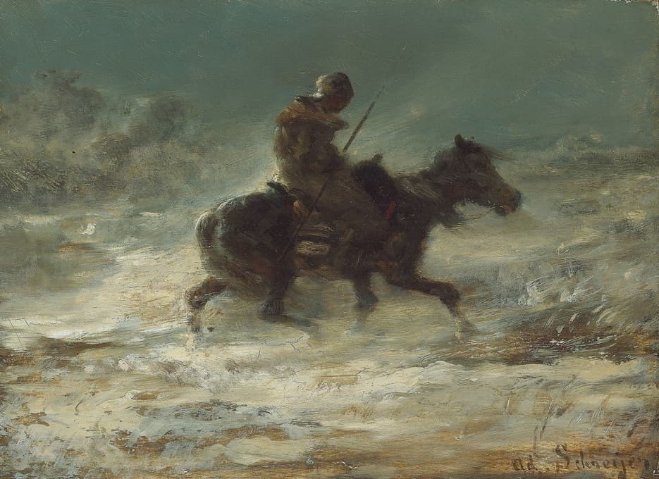 骑着长矛穿过雪地的人